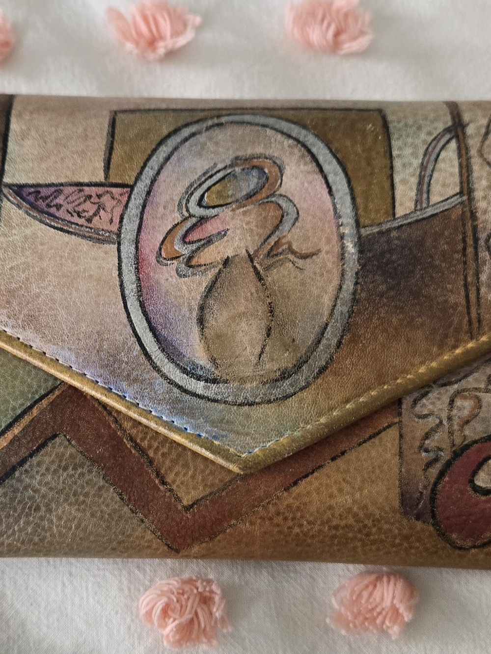 Anuschka Hand-Painted Multicolor Leather Envelope Wallet in Gold and Brown